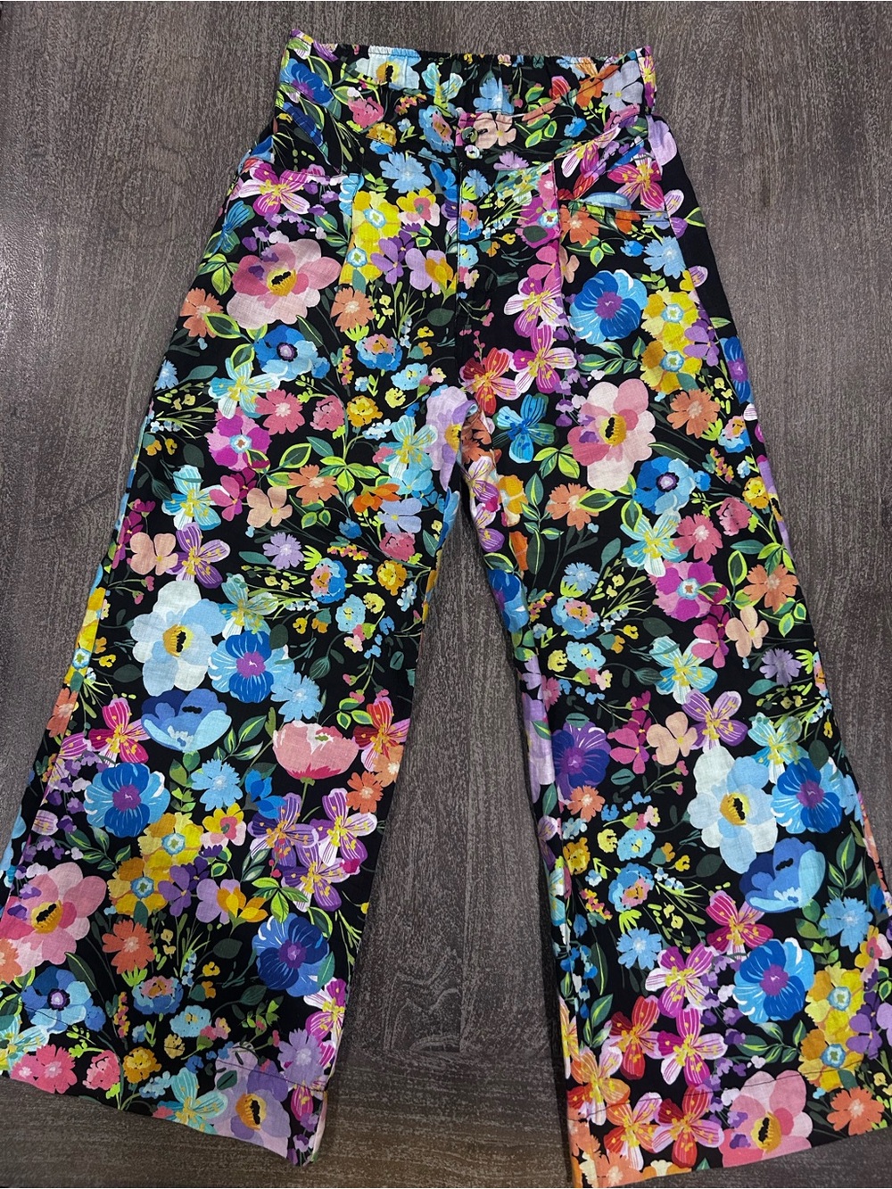 Johnny Was Black Floral Wide-Leg Pants with Multicolor Blooms